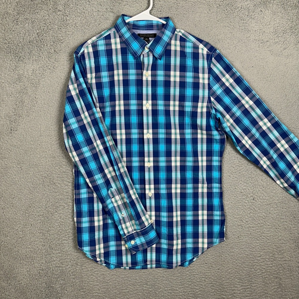 Banana Republic Shirt Mens Medium Tailored Slim Fit Blue Plaid Button Down EUC